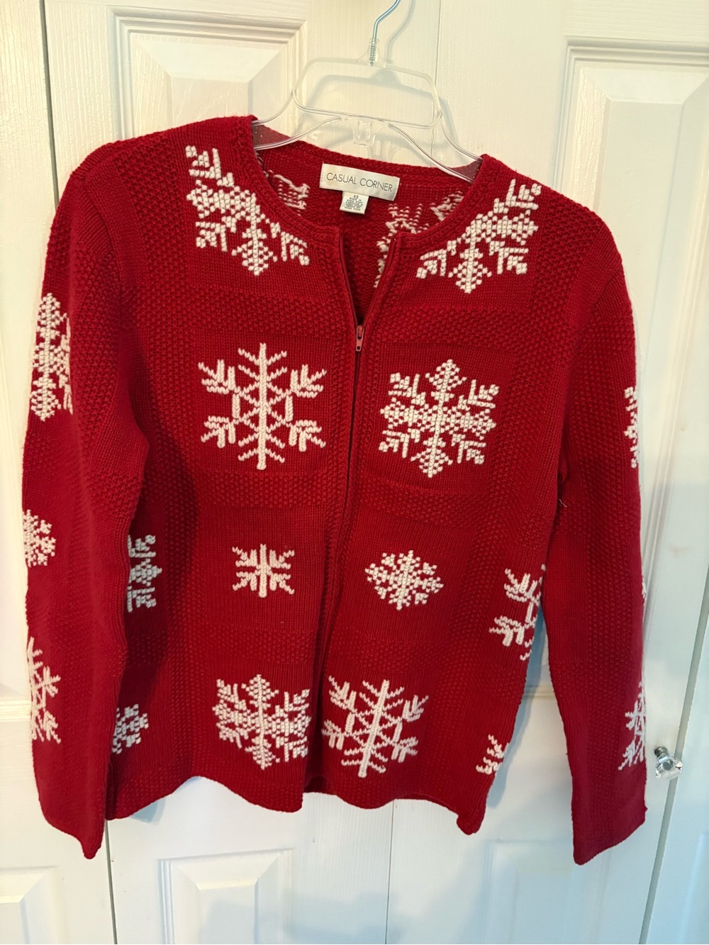 Casual Corner Red Zip-Front Snowflake Knit Sweater vintage